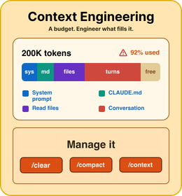 Context engineering card showing Claude Code token budget, prompt context, memory files, and output quality.